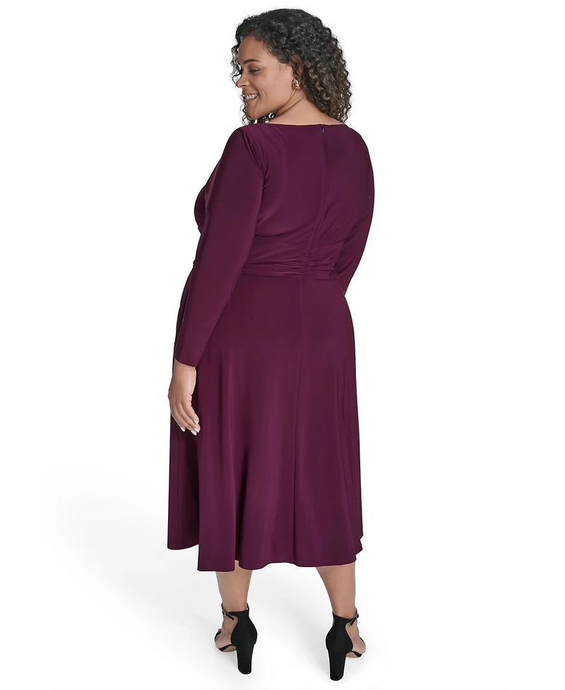 Jessica Howard Plus Boat Neck Asymmetric Side Ruched Midi Dress