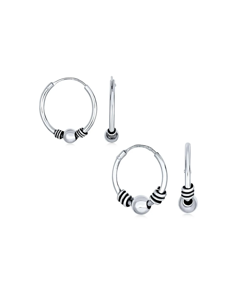Bling Jewelry Set of 2 Balinese Tribal Ball Bead Hoop Huggie Earrings Silver 0.50 & 0.70 Inch