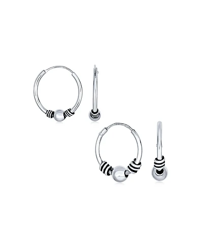 Bling Jewelry Set of 2 Balinese Tribal Ball Bead Hoop Huggie Earrings Silver 0.50 & 0.70 Inch
