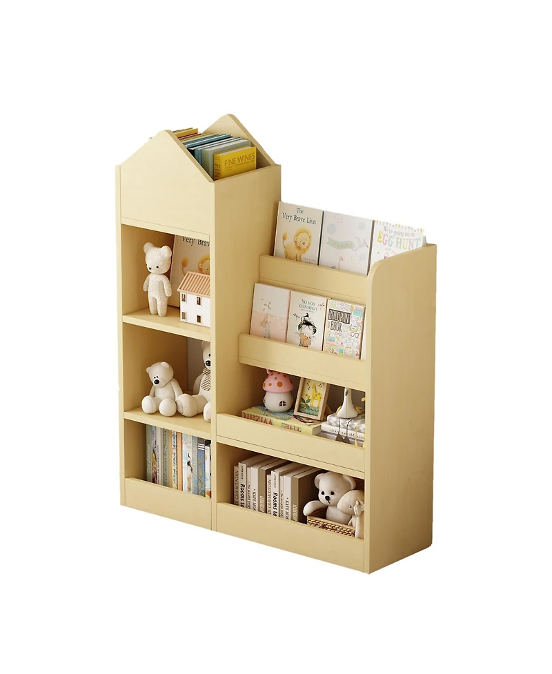 Jujabu Light Brown Wood Kids Bookshelf Toy Storage Organizer with Bookcase for Books, Toys
