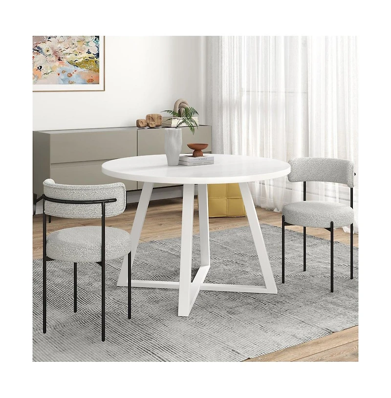 Roundhill Furniture Durban 3-Pc Round Dining Set, Trestle Dining Table with 2 Boucle Chairs