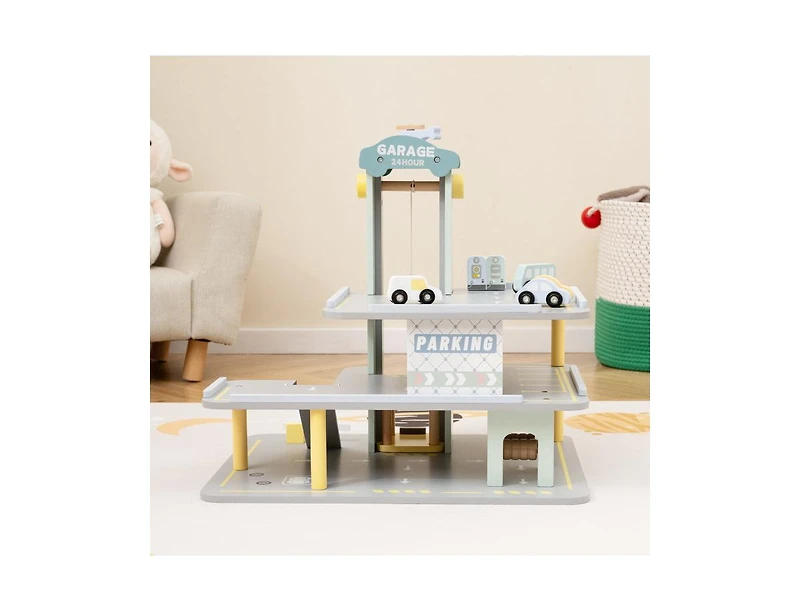 Akiudex 3-Layer Wooden Parking Garage Playset with Cars and Helicopter