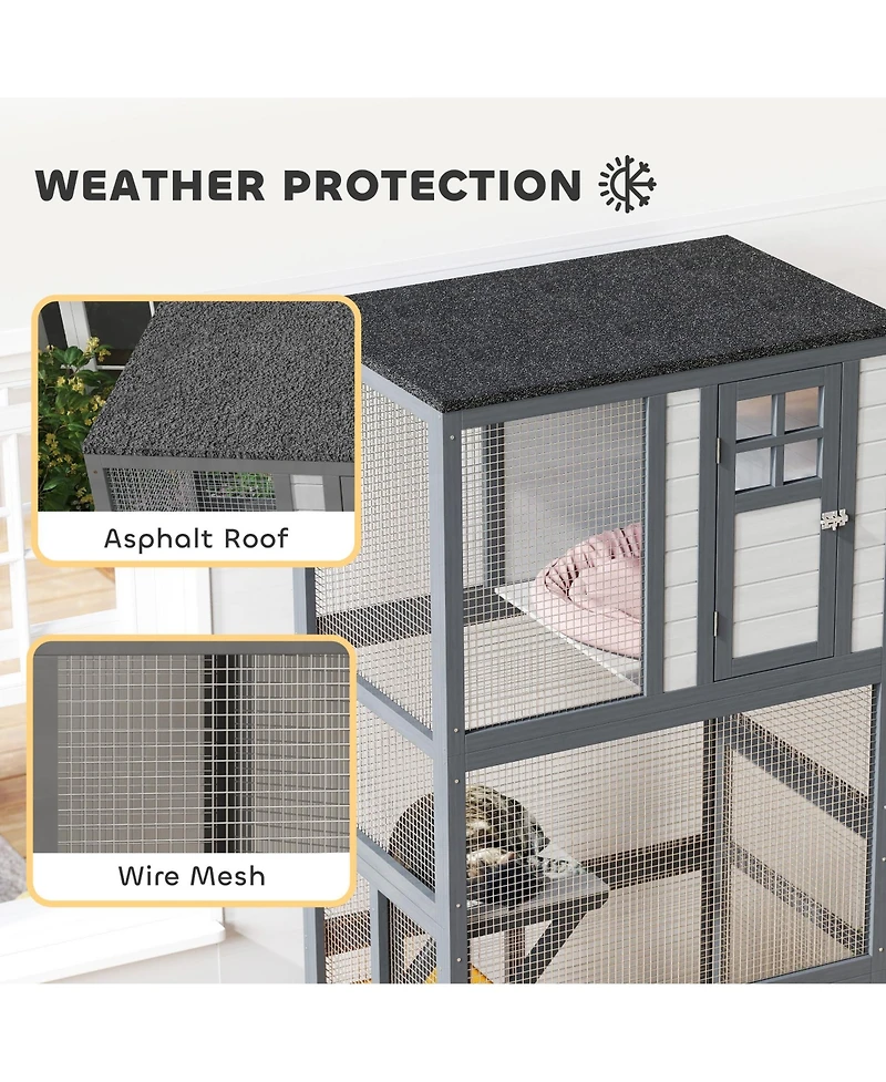 PawHut 74" Wooden Outdoor Cat House Catio Outdoor Cat Enclosure, Dark