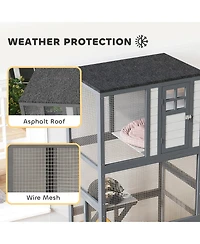 PawHut 74" Wooden Outdoor Cat House Catio Outdoor Cat Enclosure, Dark