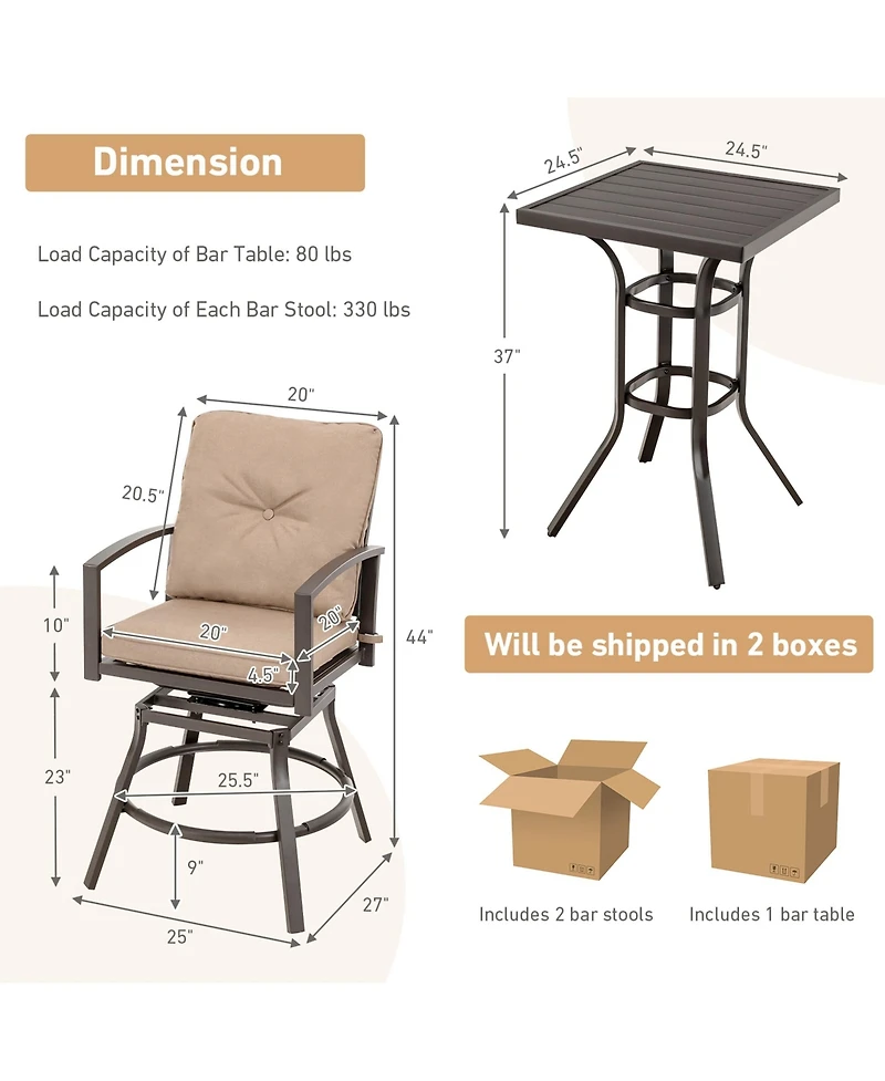 Costway Patio 3pcs Swivel Bar Height Bistro Set Cushioned Table Stools Furniture Outdoor
