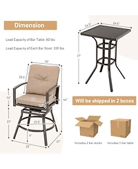 Costway Patio 3pcs Swivel Bar Height Bistro Set Cushioned Table Stools Furniture Outdoor