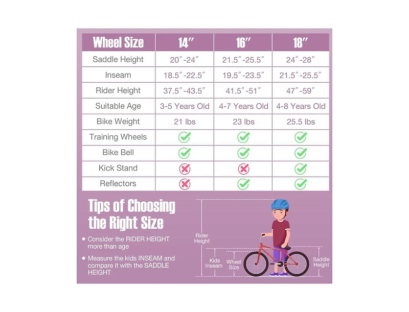 16-Inch Kids Bike with Front Handbrake and 2 Training Wheels - Purple