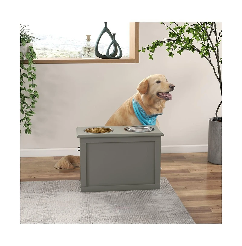 Aostirmotor Gray Raised Pet Feeding Station Storage with 2 Stainless Steel Bowls for Large Dogs