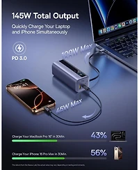 Baseus Laptop Power Bank, 20,000mAh 145W Portable Charger Built-in Retractable Cable, 4-Port Pd Fast Charging Battery Bank with Smart Display