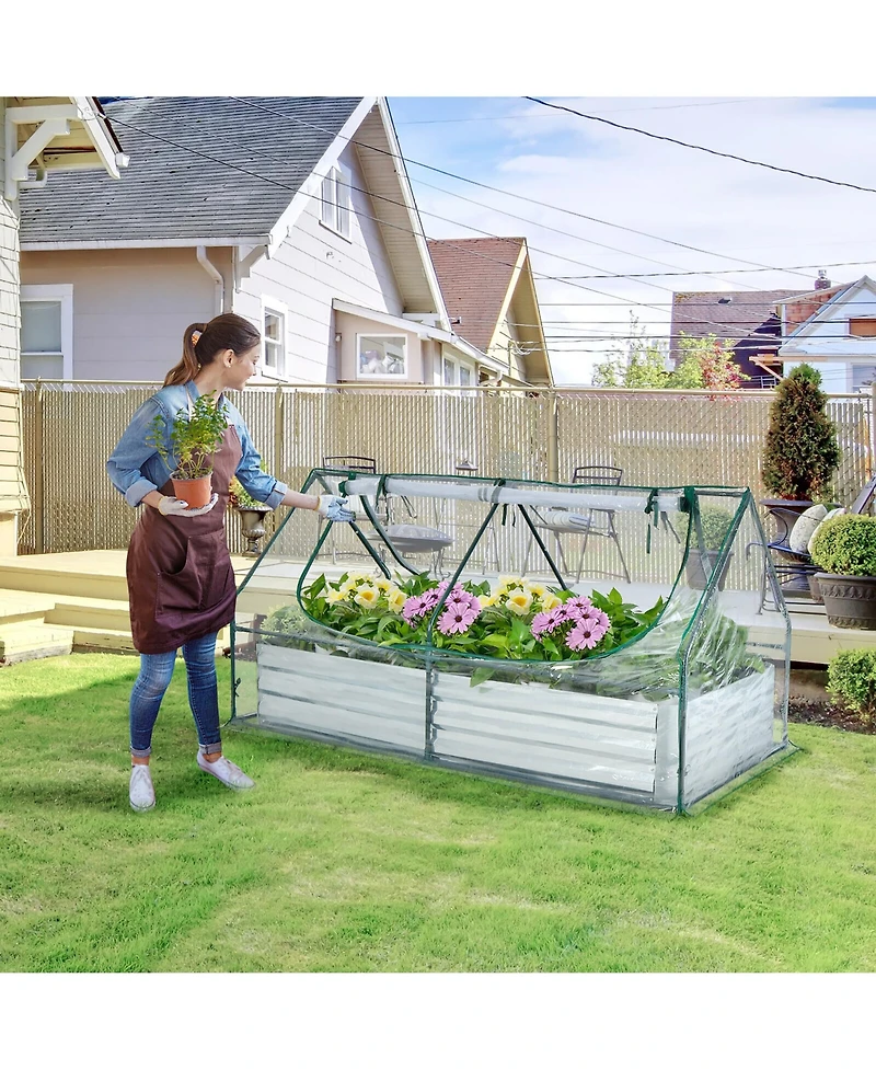 Gymax Galvanized Steel Raised Garden Bed Metal Planter Box Kit w/ Mini Greenhouse Cover