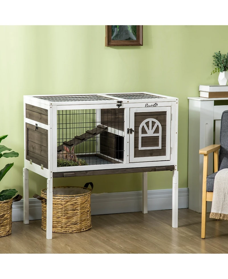 PawHut Wood Rabbit Hutch, Elevated Guinea Pig Cage with Run,