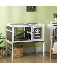 PawHut Wood Rabbit Hutch, Elevated Guinea Pig Cage with Run,