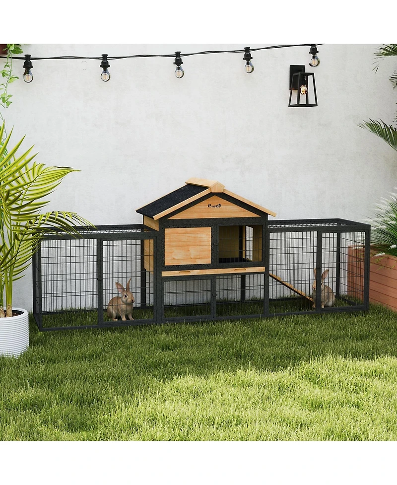 PawHut 85" Rabbit Hutch Outdoor with Steel Run, Removable Plastic Tray