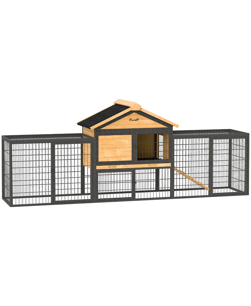 PawHut 85" Rabbit Hutch Outdoor with Steel Run, Removable Plastic Tray