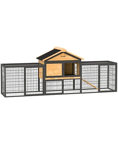 PawHut 85" Rabbit Hutch Outdoor with Steel Run, Removable Plastic Tray