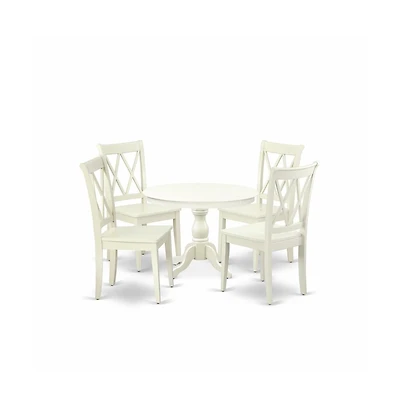 East West Furniture 5 Piece Kitchen Dining Table Set - Linen White Breakfast Table and 4 Linen White Kitchen & Dining Room Chairs with Double X-Back