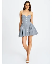 Miss Circle Women Melody Navy Blue Railroad Stripe Halter Drop Waist Mini Dress