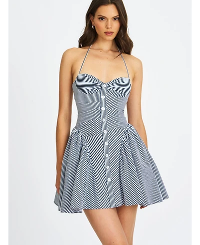 Miss Circle Women Melody Navy Blue Railroad Stripe Halter Drop Waist Mini Dress