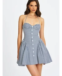 Miss Circle Women Melody Navy Blue Railroad Stripe Halter Drop Waist Mini Dress