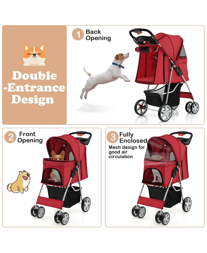 Akiudex Foldable Pet Stroller with Canopy, Storage Basket, and All-Terrain Wheels