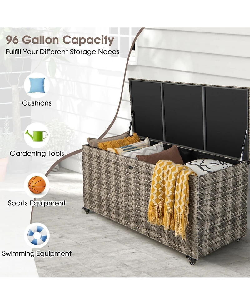Akiudex 96 Gallon Pe Wicker Outdoor Storage Box with 4 Wheels - Gray