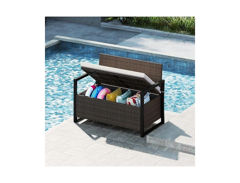Akiudex 2-in-1 Outdoor Rattan Storage Bench with Cushion and 40 Gallon Capacity