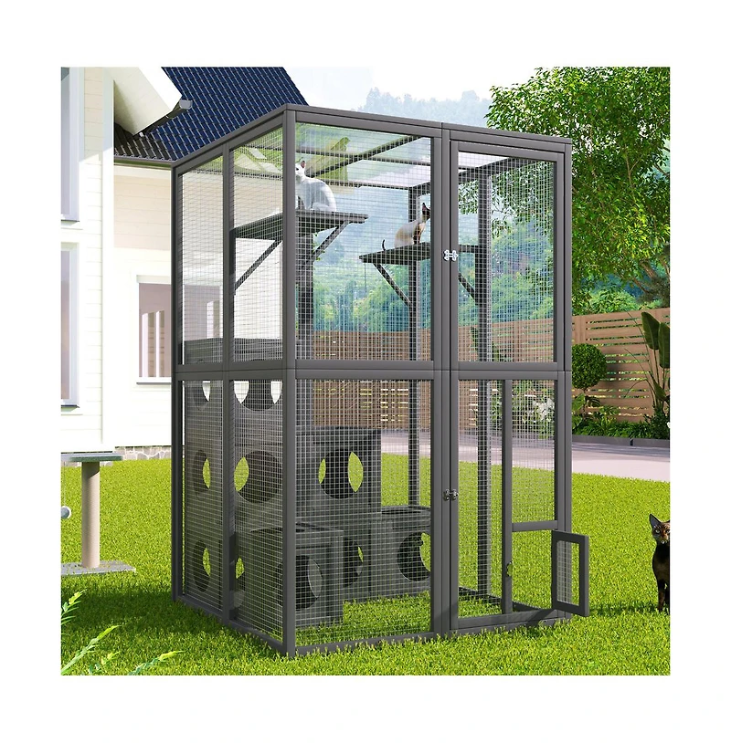 Aostirmotor 68.9 in. H Outdoor Cat house Cat shelves with Removable wood boxes in Gray