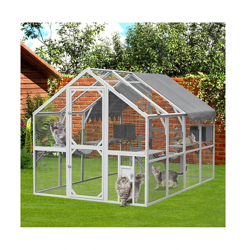Aostirmotor 110 in. Outdoor Cat House Cat Enclosures with Platforms Upgrade Waterproof Cover in Gray White