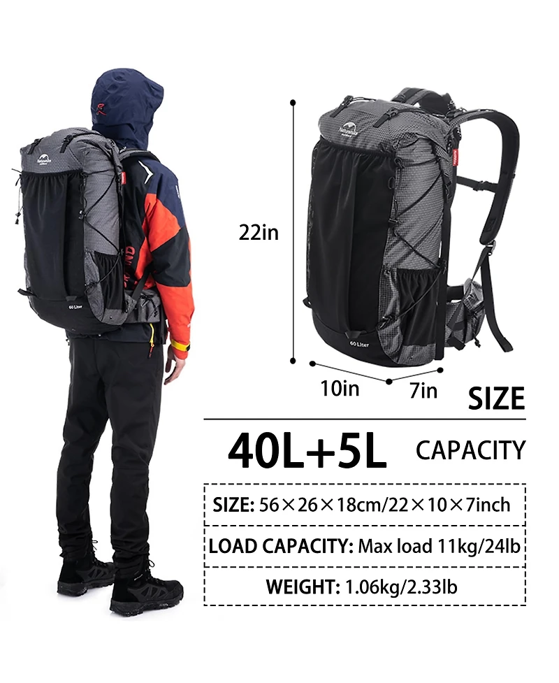 Naturehike 40L+5L Hiking Backpack – Waterproof, Lightweight Mountain Bag with Rain Cover & Shoe Compartment for Camping & Travel