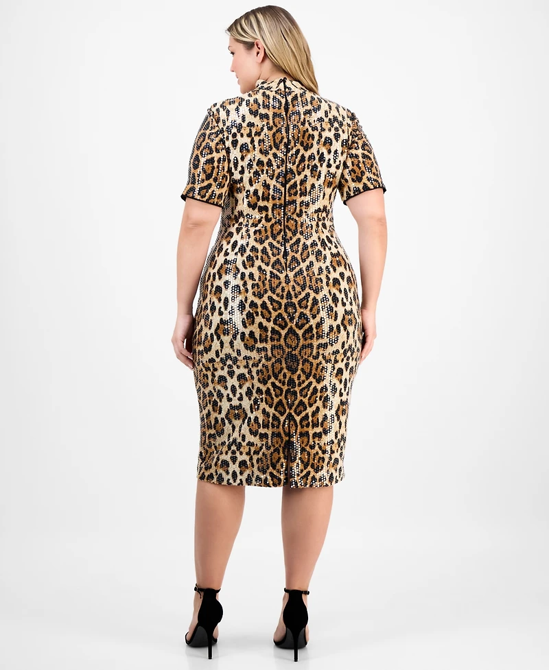 Anne Klein Plus Cap-Sleeve Animal-Print Sequin Bodycon Dress