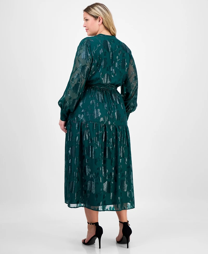 Anne Klein Plus Floral Jacquard Blouson-Sleeve Midi Dress