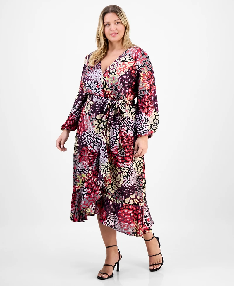 Tahari Asl Plus Ruffle Hem Printed Faux-Wrap Dress