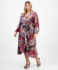 Tahari Asl Plus Ruffle Hem Printed Faux-Wrap Dress