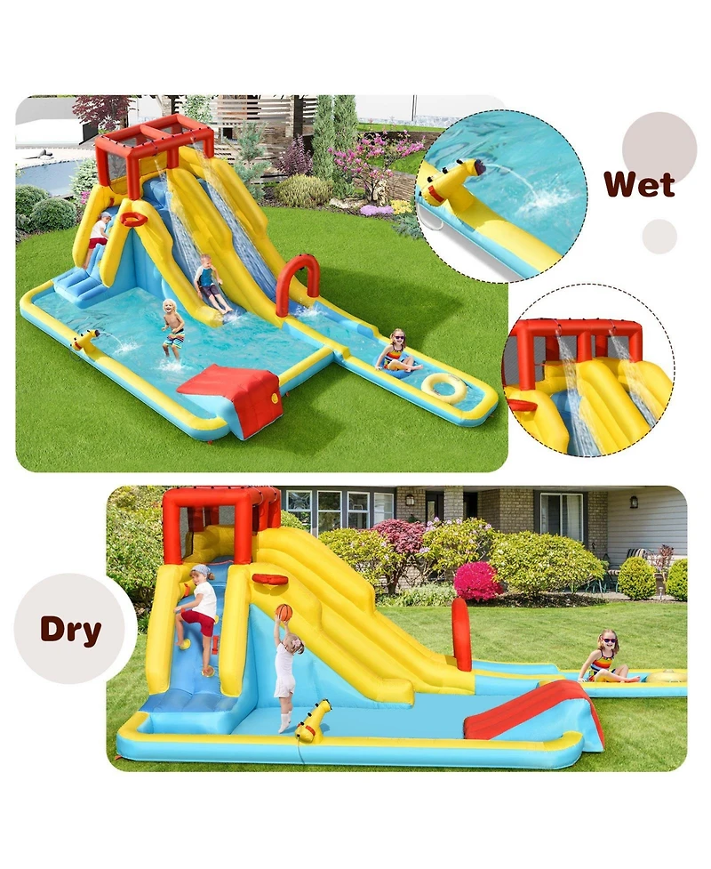 Akiudex Inflatable Water Slide Park with Pool, Basketball, and 680W Blower