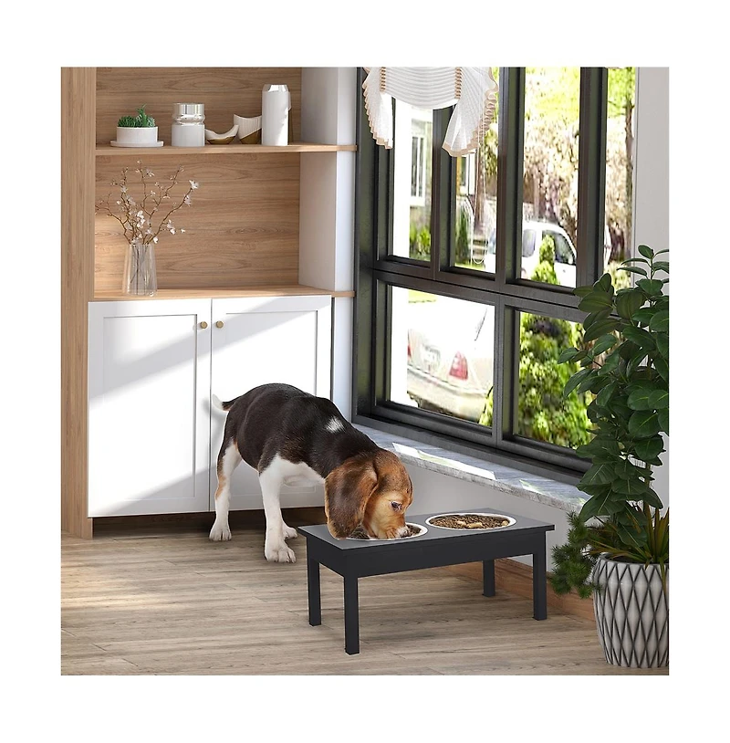 Aostirmotor 23in Black Wooden Dog Food Bowls Heavy Duty Pet Elevated Feeding Station