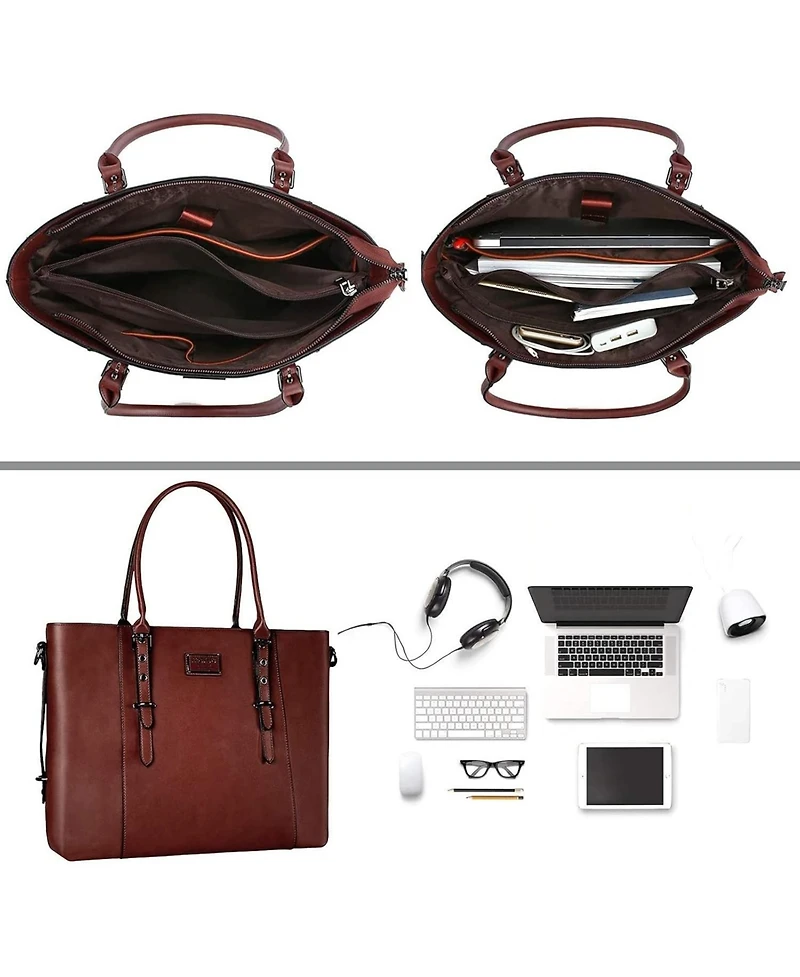 Mosiso Brown Pu Leather Laptop Tote Bag for Women - 17-17.3 Inch Waterproof Business Briefcase, Large Capacity Shoulder Bag for Work & Laptop
