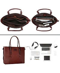 Mosiso Brown Pu Leather Laptop Tote Bag for Women - 17-17.3 Inch Waterproof Business Briefcase, Large Capacity Shoulder Bag for Work & Laptop
