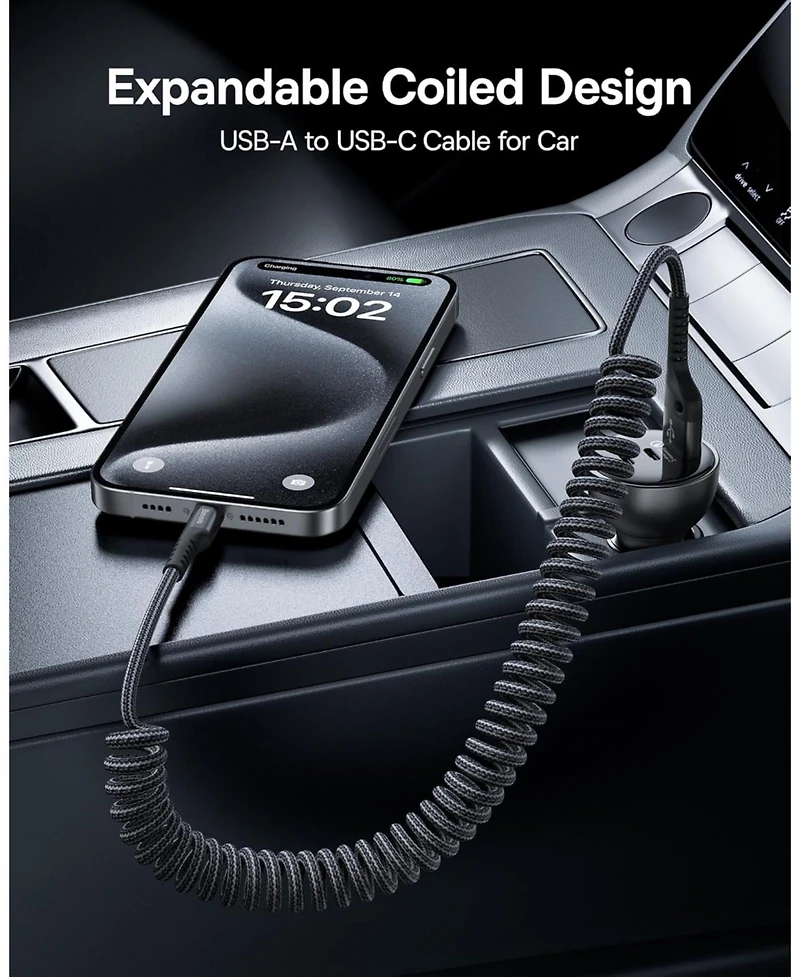 Baseus Usb Type C Cable for Car, 2-Pack 3.3ft 100W Retractable Coiled Usb A to Usb C Fast Charger Cord, Nylon Braided Carplay Cable