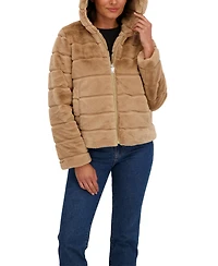 Sebby Collection Women's Hooded Grooved Short Faux Fur Jacket