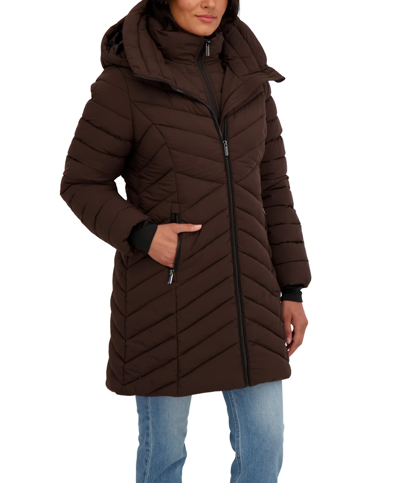 Sebby Collection Women's 3/4 Hooded Stretch Puffer with Bib