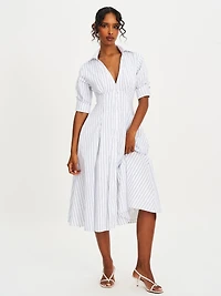 Miss Circle Women's Palina Pinstripes Cotton Poplin Pleated Midi Preppy Shirt Dress