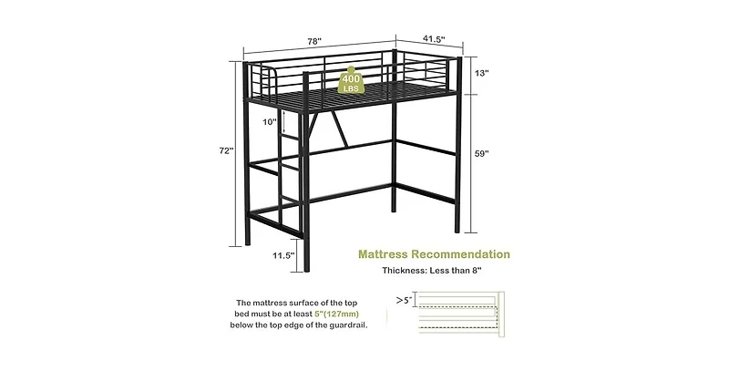 Slickblue Metal Loft Bed Frame with Ladder, Space-Saving Design for Small Bedrooms