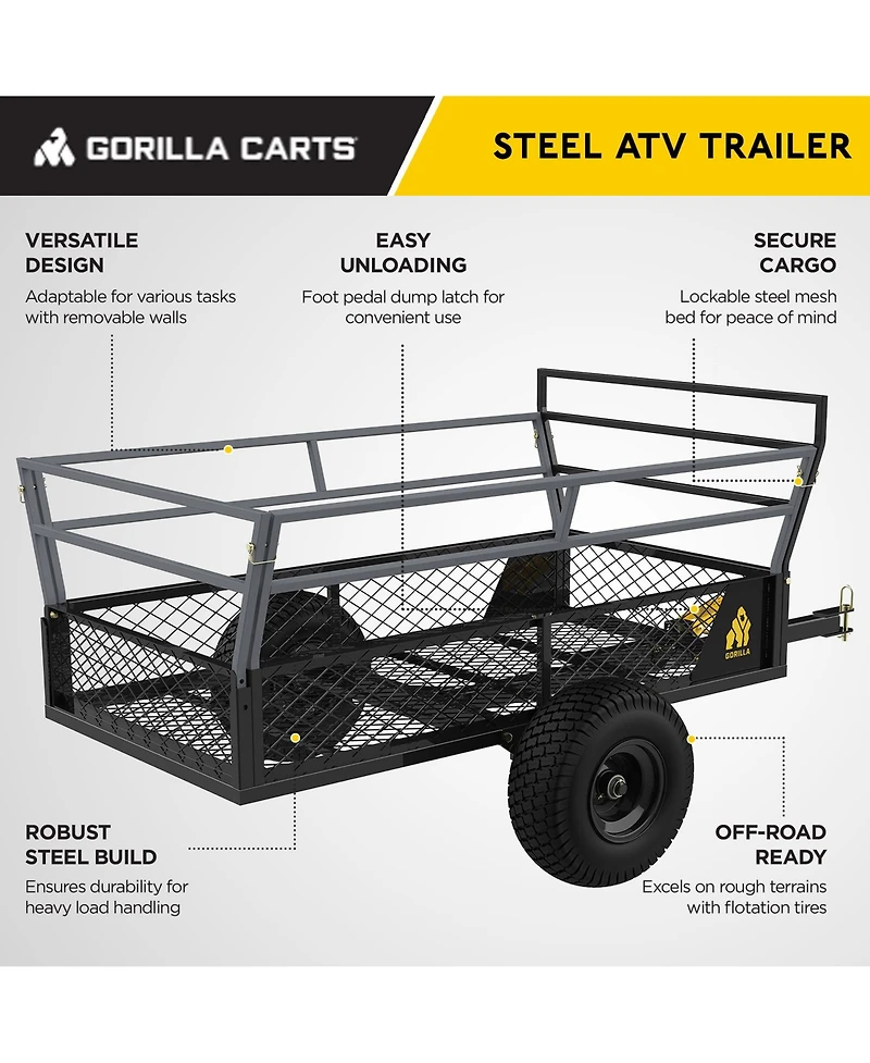 Gorilla Carts 1400lb Steel Atv Trailer Garden Cart w/Removable Sides & 3-in-1 Tailgate
