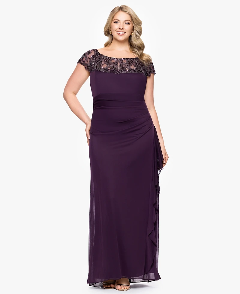 Xscape Plus-Size Beaded Boat Neck Mesh Gown