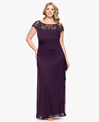 Xscape Plus-Size Beaded Boat Neck Mesh Gown