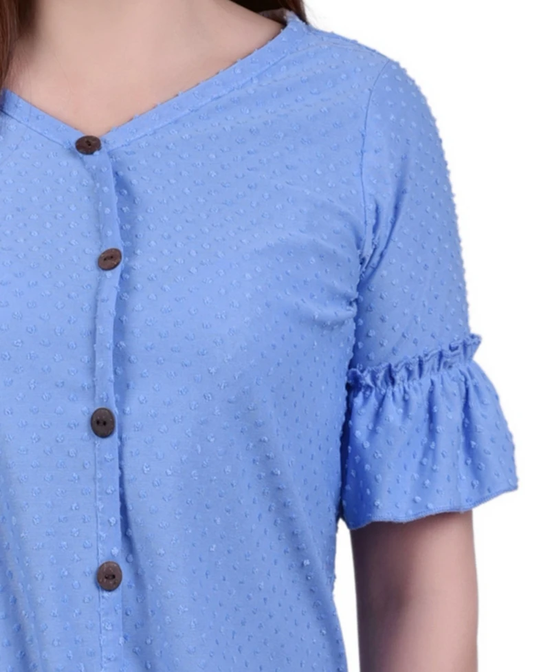 Ny Collection Petite Short Sleeve Tie Waist Swiss Dot Top