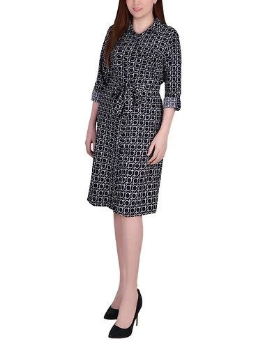 Ny Collection Petite 3/4 Roll Tab Sleeve Belted Shirtdress