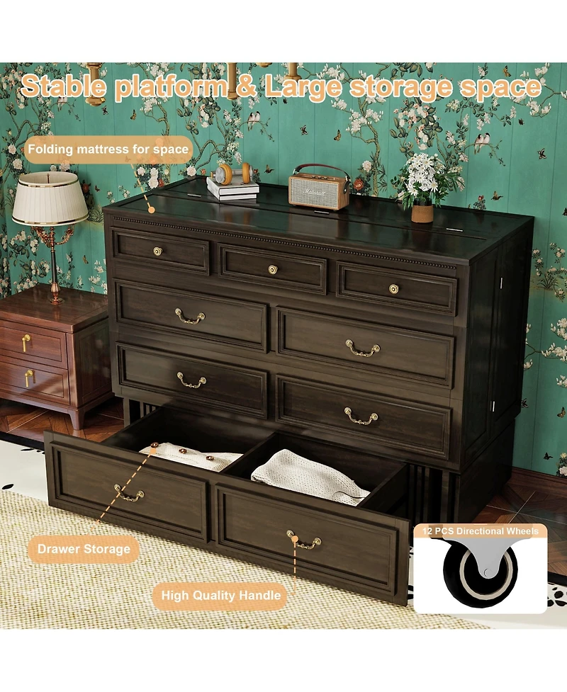 Livelylodge Murphy Bed Cabinet, Queen Cabinet Bed with Storage Drawers for Guest Room, Space Saving Murphy Bed Chest(No Mattress