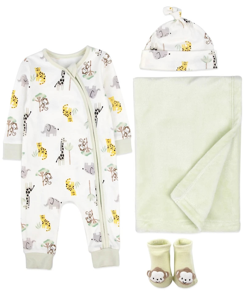 Baby Essentials Boys 4-Piece Safari Coverall and Blanket Set