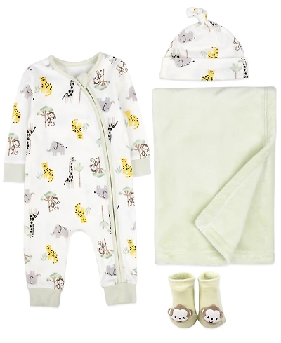 Baby Essentials Boys 4-Piece Safari Coverall and Blanket Set